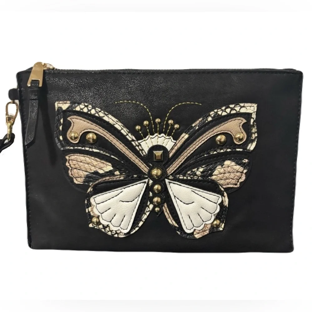 INC International Concepts Black Faux Suede Butterfly Wristlet Clutch Like New - Picture 1 of 8